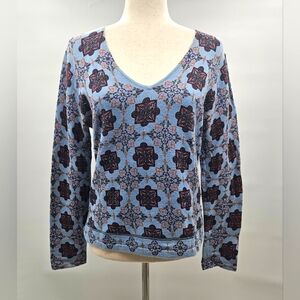 Star Sun Moon Stretch Knit Light Blue Vneck Boho Sweater With Beads Size Larg…